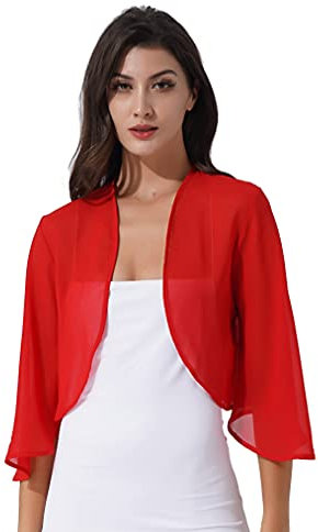Freebily Boléro Femme Mariage Soirée Mousseline de Soie Gilet Cardigan Court Haussement Chic Haut Veste Ouverte pour Robe Bretelle Tee Shirt D Rouge M