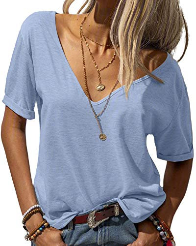 Tankaneo Damen Mode tief V-Ausschnitt Kurze Ärmel Tops Solide Lässig Lose Basic T Shirt Hellblau L