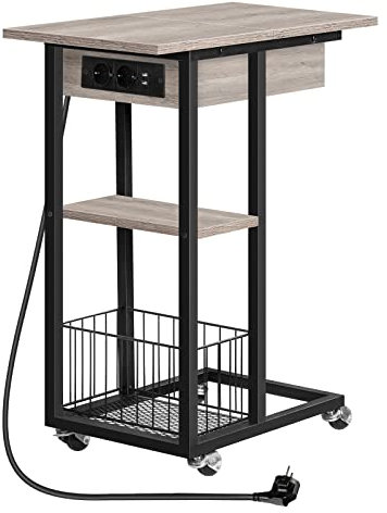 HOOBRO Beistelltisch mit Ladestation, Flip C-Form Sofatisch, Couchtisch mit Rädern und Ablagefläche, Nachttisch für Wohnzimmer, Schlafzimmer, Greige-Schwarz EBG022SF01G1