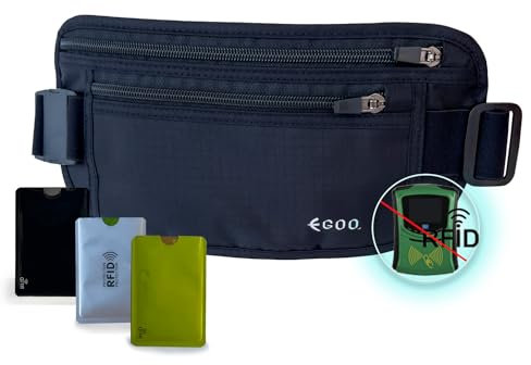 EGOO - Cintura Portasoldi Nascosta RFID Ultraleggera con Cinghia Elastica Regolabile per Viaggio, Marsupio da Viaggio Antifurto con Multitasche + 3 Protezioni per Carte RFID