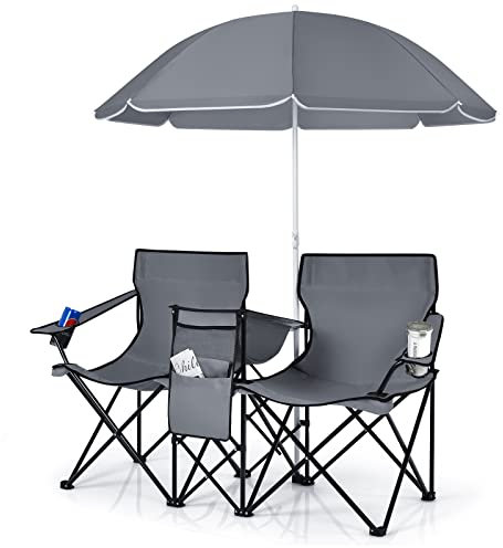 COSTWAY Chaise de Camping Pliante, Fauteuil de Jardin 2 Places avec Glacière, Porte-gobelet, Parasol, Sac,152x52x85CM, Charge Max 113 KG, pour Randonnée, Plage, Pêche (Gris, 2 Places)