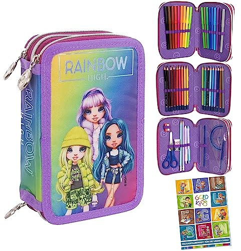 Federtasche 3-fache Federmappe rmäppchen Mädchen Rainbow High Silver Style Motiv Federmäppchen 46-teilig gefüllte Schüleretui Stifte und Pinsel inkl.hausaugabenheft Federbox Etui Schul-Etui 1.Klasse