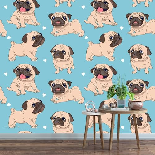 Lustige Cartoon-Möpse-Welpen Fototapete, Blauer Hintergrund Tapete, 150 x 70 cm Wandbild Dekoration - für Wohnzimmer Schlafzimmer die Mauer