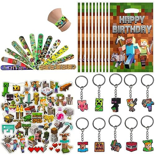 YOOYEH 82 Stück Minecraft-Schlüsselanhänger, 10 Partytütenfüller, Slap-Bänder, Gastgeschenke, Geburtstagsparty-Zubehör, Partytüten-Anhänger, Geschenkfüller, Schlüsselanhänger, Goodie Bag