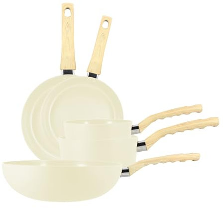 MENASTYL - Set de 5 pièces Colorama crème - Poêles/Casseroles/Wok - En aluminium - Revêtement antiadhésif en céramique - Tous feux dont induction