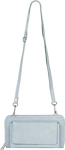 styleBREAKER Damen Handy Umhängetasche RFID Blocker, Hellblau | 20x11 cm Maß, 8 Kartenfächer, 3 Scheinfächer, Münz-Zipper, Frontfach für 6,5 Zoll Smartphones, 71-128 cm Riemen abnehmbar.