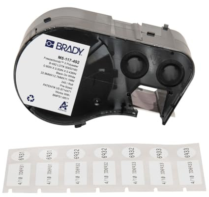 Brady FreezerBondz™ Polyester-Vorgefertigte Etiketten für Etikettendrucker BMP51/BMP53/M511-240 Klebeetiketten - Schwarz auf Weiß (22,86 mm (B) x 12,70 mm (H) x 11,18 mm (∅)) - M5-117-492