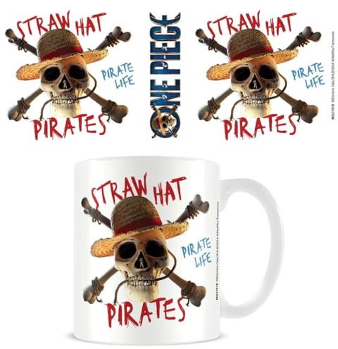 Taza de una pieza (diseño de emblema pirata de acción viva), taza de café de cerámica de 11 onzas, tazas y tazas de café para mujeres, hombres y niños, producto oficial, color blanco