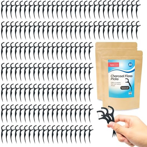SOL 160pk Charcoal Floss Picks, Dental Harps Sticks for Toothpick Flossing and Cleaning Teeth, Removing Food and Reducing Plaque, Soothing and Gentle on Gums, Travel-Friendly Oral Care Solution