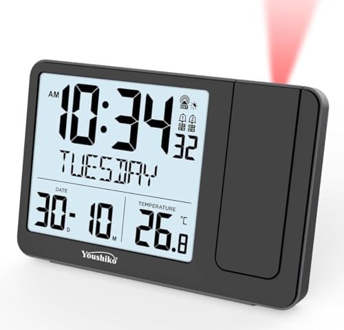 Youshiko Radio Control (Official 2025 MSF UK Version) Projection Alarm Clock, Bedroom Projector Clock Dual Alarms LCD Display Date Time