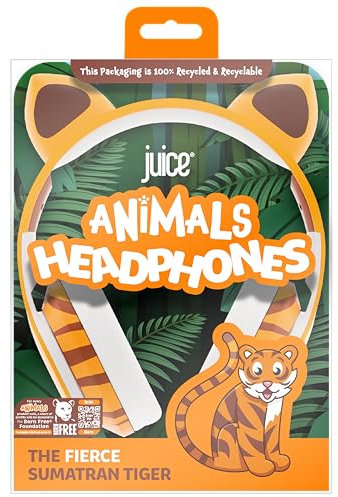 Juice Kabelgebundene Kopfhörer mit Tiermotiven – kabelgebundene Kopfhörer, AUX-Anschluss, verstellbares Kopfband, bequem und leicht, Bezauberndes Produkt und Verpackung (Tiger)