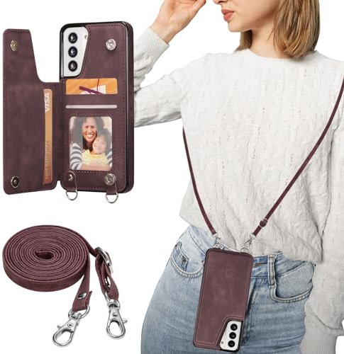 ZTOFERA Handyhülle mit Band Kette für Samsung Galaxy S21, Matt Weiche Rückseite Hülle mit Kartenfach Kordel Schnur Umhängeband, Premium PU Leder + TPU Schutzhülle Lanyard Case, Weinrot