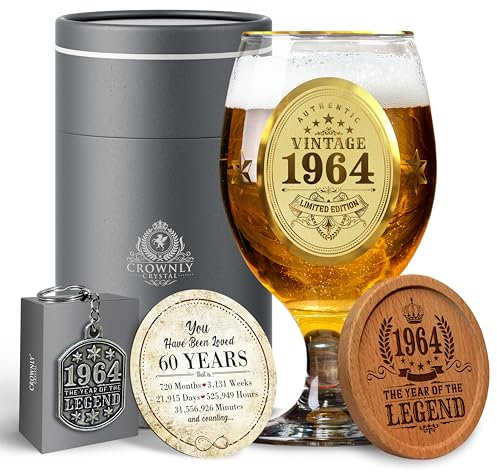 CROWNLY CRYSTAL® Regalo Uomo 60 Anni Bicchiere Birra Personalizzato 1964 Calici Personalizzati Idea Regalo Per Uomo 60 Anni Regalo Papa Compleanno Regali Compleanno Uomo Regalo 60 Anni Uomo