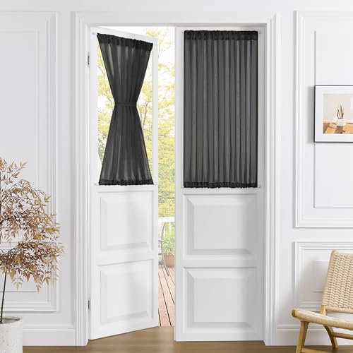 Tollpiz Short Sheer Curtains Closet Linen Textured Curtains Sheer Doorway Light Filtering Voile Patio Glass Door Rod Pocket Curtain French Door, 54 x 40 inches Long, Black, Set of 1 Panel