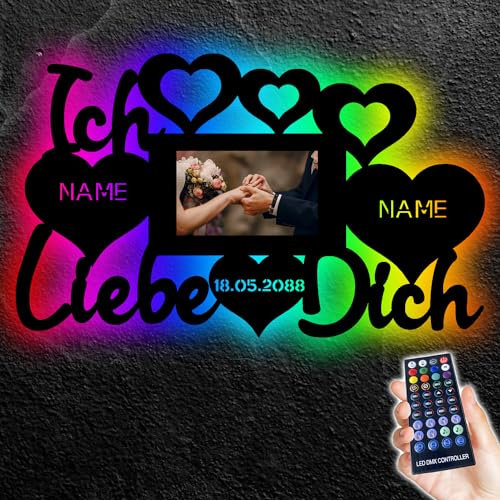 Ich liebe dich mit Bilderrahmen RGB Led Deko Schlummerlicht Nachtlicht, Foto + Herzchen personalisiert mit Wunsch Namen i love you - Wandlampe Geschenkidee Bedienung über die App