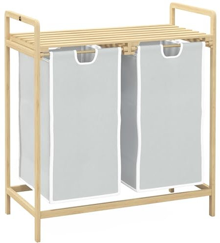 HOMCOM Panier à linge panier de rangement corbeille à linge bac linge sale en bambou 2 paniers amovibles et coulissants en non-tissé - 63,5 x 33 x 73 cm crème