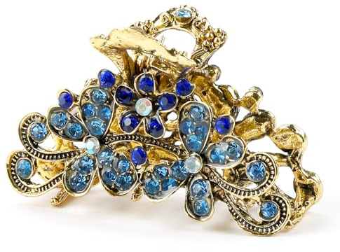 Haarklammer mit Retro-Blumen, Vintage-Legierung, Strass, Haarklammer für Damen, Mädchen (blau)