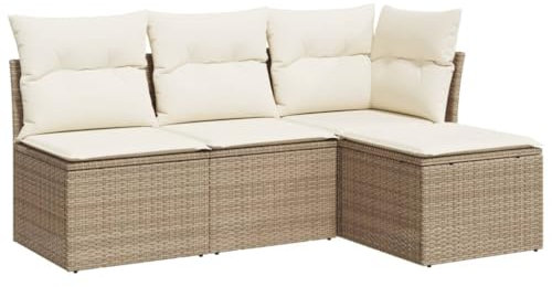 vidaXL Garten Sofagarnitur mit Kissen 4-TLG., Gartenmöbel Gartengarnitur, Sitzgruppe Sitzgarnitur, Lounge Sofa Garnitur Terrasse, Beige Poly Rattan