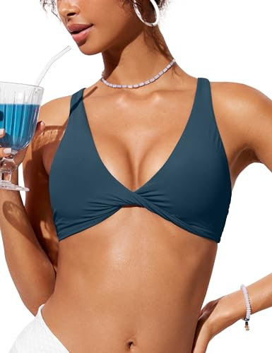 CRZ YOGA Damen Bikini Oberteil Top Bademode Swimsuit Push Up Padded Swim Ruched Wickeloptik Bathing Suits Bikinioberteil Abzeichen Blau 40