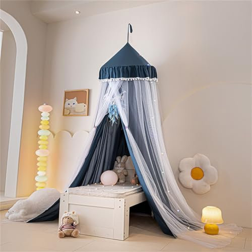 Odot Betthimmel Babybett Mädchen Jungen Doppelschicht Himmelbett Vorhänge Kinder Baldachin Kinderzimmer Rund Hängende Princess Moskitonetz für Schlafzimmer Babyzimmer Dekoration (Dunkelblau)