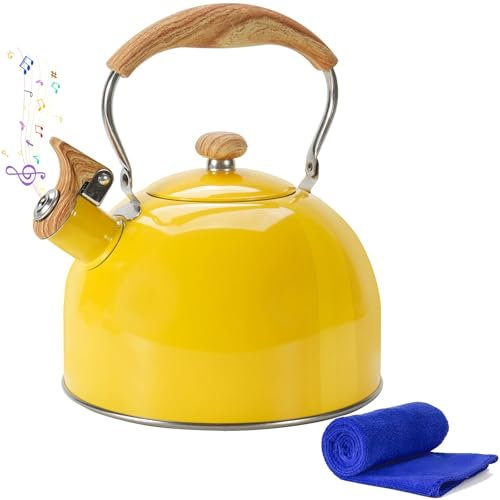 Foedo Tea Kettle,Whistling Tea Kettle Stovetop 2.6 Quart, Tea Pots for Stove Top Food Grade Stainless Steel,Wood Pattern Handle(Yellow),With Anti Scald Towel