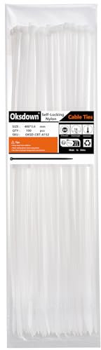 Oksdown 100 Pack White Plastic Cable Ties 400mm×3.6mm Strong Nylon Premium Self Locking 16 inch/40 cm Long Zip Tie Wraps