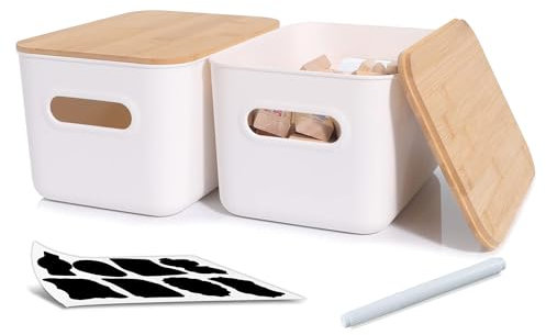 Citylife 2er-Set 6.5L Aufbewahrungsbox mit Deckel Bambus für Badezimmer, Kunststoff Aufbewahrungskorb, Stapelbare Kleine Vorratsdose mit Griffen für Küche Schlafzimmer Badezimmer Wohnzimmer, Weiß