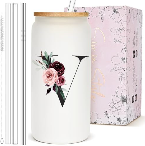 Personalized Customized Gifts for Women, Cute Glass Cups with Lids and Straws, Monogrammed Drinking Initial Iced Coffee Cup, Custom Letter Mug Tumbler, Nana Gigi Grandmother Grandma Mimi Gifts, V