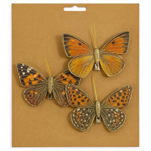 MIJOMA Deko-Schmetterlinge mit Clip, farbenfrohe Schmetterlinge für Festliche Dekoration, vielseitig einsetzbar für Floristik, Hochzeit, Weihnachten und Bastelarbeiten (Gold-Orange, 3 Stück)