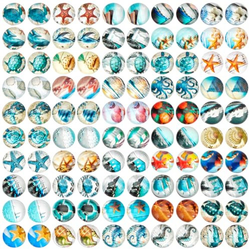 PH PandaHall 100pcs 10mm Ozean Thema Glas Cabochons, 50 Styles Seestern Muschel gedruckt Glas Cabochons Runde flache Rückseite Kuppel Cabochons Mosaik Fliesen für Schmuckherstellung
