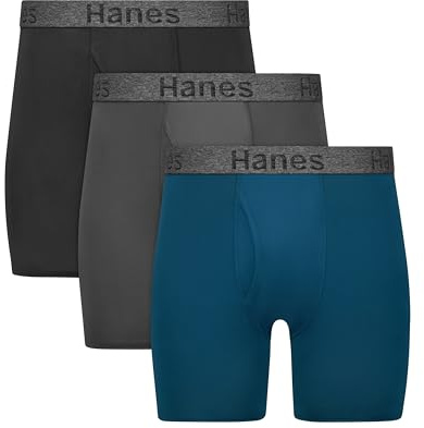 Hanes Lot de 3 Boxers pour Homme Stay Dry Pouch Performance Stretch avec Protection Contre Les fuites, Noir, Gris, Bleu, XX-Large