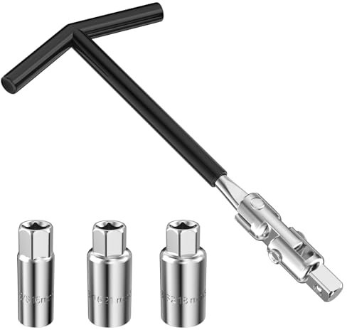 Crihovy Jeu de 4 Clé à Bougie, Cle a Bougie d'Allumage, Clés à Bougie 3 Douilles 16 mm/18 mm/21 mm, Universelle Clé à Douille à Poignée en T, Outil de Retrait de Bougies d'Allumage pour Voiture Moto