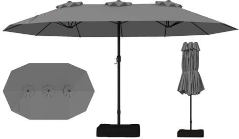 RELAX4LIFE Ombrellone Doppio da Giardino 4,5 x 2,4 M, Ombrellone da Balcone con Apertura a Manovella, 2 Sacchi di Sabbia Parasole per Patio, Cortile, Ristorante o Bar (Grigio, 443 x 263 cm)
