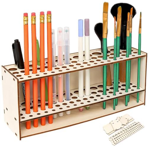KEUGT 67 Fori Portapennelli da Pittura,Porta Pennelli In Legno,Porta pennelli da trucco in legno,Supporto per pennelli per pittura in legno,Portapennelli Grande Capacità per lo Studio