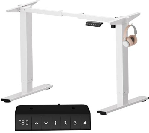 SANODESK Höhenverstellbarer Schreibtisch Elektrisch Tischgestell mit 2 Haken und LED-Höhenanzeige,Antikollisionsfunktion und Memory-Steuerung,Weiß