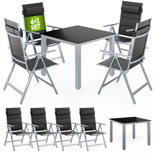 Casaria® Gartenmöbel Set 4 Stühle Klappbar mit Gartentisch Alu inkl. Kopfkissen 8-Fach verstellbare Rückenlehne 90x90cm Wetterfest Outdoor Terrasse Balkon Sitzgruppe Silber