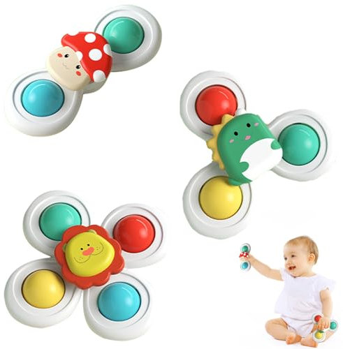 Spinners for Babies, Baby Sensory Toys, 3 Pcs Fidget Spinner for Baby Window Suction Toys High Chair Toys, Cute Lion, Mushroom, Ideal Travel Essentials and Toddler Travel Toys