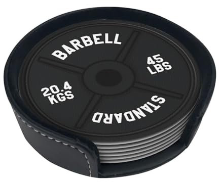 PU Leather Coasters Set of 6 with Holder, Barbell Plate Weight Lifting Coasters for Drinks, Bar, Coffee, Table, Cups, 4 Inches