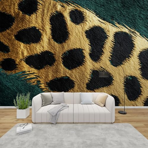 QEODAH Leopard Print Wallpaper for Living Room, Emerald Green Gold Wall Art for Bedroom, Cheetah Wall Murals for Bedrooms, Renter Friendly Removable Waterproof Non-Woven Photo Wallpaper 3D, 100x70 cm