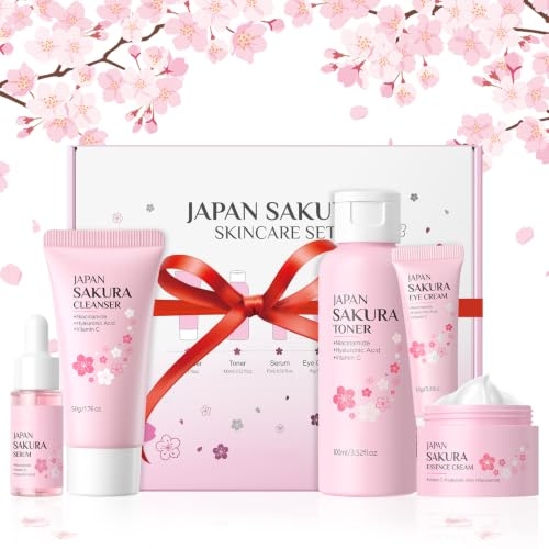 Sakura Kit Skincare Viso Completo, Set per la Cura del Viso | per Ragazze e Donne, Tonico Soluzione per la Pelle Idratante, con Detergente Tonica Contorno Occhi Siero Cream