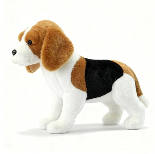 PuffPurrs Lebensechtes Beagle Plüschtier, Realistischer Jagdhund Teddy, Süßes dreifarbiges Fell Hund Kissen-Geschenk, 23 cm