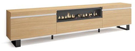 Skraut Home | Meuble TV | Banc Télé | Grand Espace de Rangement | 260x57x35 cm | TV Grand Format | Cheminée électrique | Design Industriel | Style Moderne | Chêne Soft et Blanc