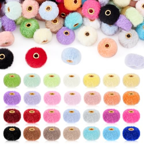 AHANDMAKER 200 Stück Flauschige Kunstpelz Pompon Perlen Weiche Flauschige Abstandsperlen Mit Großem Loch Süße Pompom Kugelperle Für Die Schmuckherstellung Halsketten Armbänder Basteln