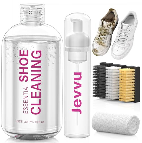 Jevvu Shoe Cleaner Kit, 300ml Concentrated Shoe Cleaning Kit with Foaming Bottle, 3 Brushes & Towel, White Sneaker Cleaner for Leather, Suede, Canvas, Knit, Mesh & All Materials