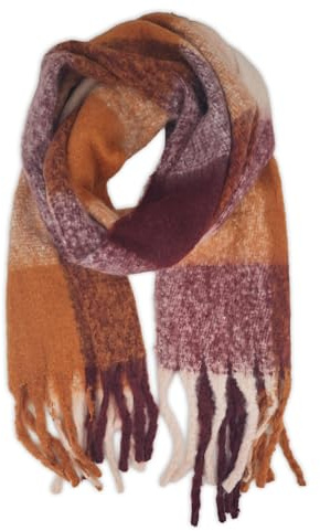 styleBREAKER Damen Webschal mit Karo Muster | Langer Schal mit dicken, langen Fransen | weicher Winter Strickschal warmes Material Stola, Farbe:Cognac-Bordeaux-Creme