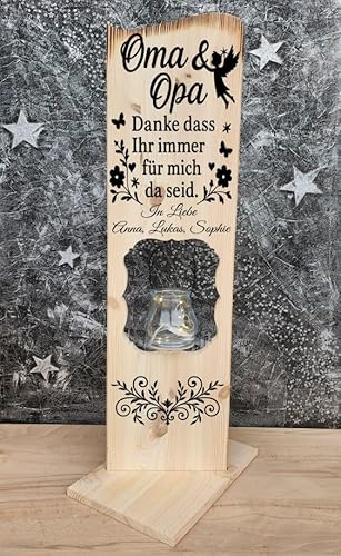 Geschenk für Oma & Opa aus Holz – „Danke, DASS Ihr Immer für Mich da seid“ – personalisierbar mit Namen – Aufsteller mit-Windlicht – liebevolle Deko für Großeltern