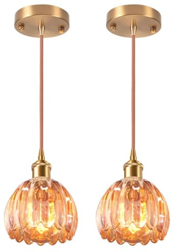 DLGLOLIN Lot de 2 Suspension en Verre Ambre Fleur Vintage Laiton Doré Lustre Salon Moderne Éclairage de Plafond Art Déco Intérieure Suspendues Pour Salle à Manger Chambre Cuisine