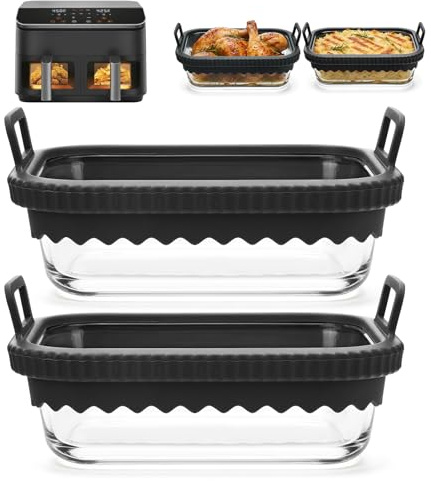 2 Stück Auflaufform Airfryer mit Silikongriffen für Ninja Cosori Philips, Airfryer Glasbehälter Hitzebeständig Kraztfest Spülmaschinenfest,Herausnehmbarer Silikonring Auflaufform für Heißluftfritteuse