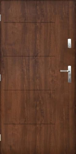 Haustür 90x200 cm DIN Links - Eingangstür 55mm mit Dichtungen und EPS-Kern - Stahltür Wärmedämmung 1,5 Ud - Komplettset inkl. Zarge und Drücker - Außentür mit Nano-Beschichtung - Samba Nussbaum