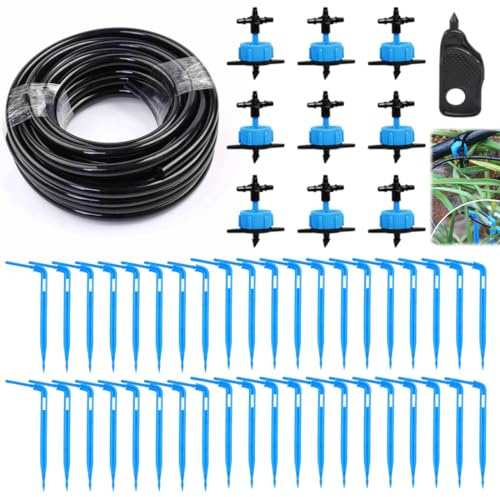 JIRVEX Sistema de Riego por Goteo de 20M con Tubo Micro 3/5 mm, 40 Flechas de Goteo Azules, 10 Goteros de 8 L/h, Riego Automático para Macetas, Jardines, Balcones, Invernaderos y Huertos Elevados